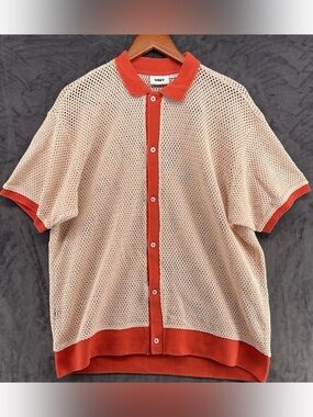 Obey Men’s Beige Mesh Button-Down Polo with Rust Trim
